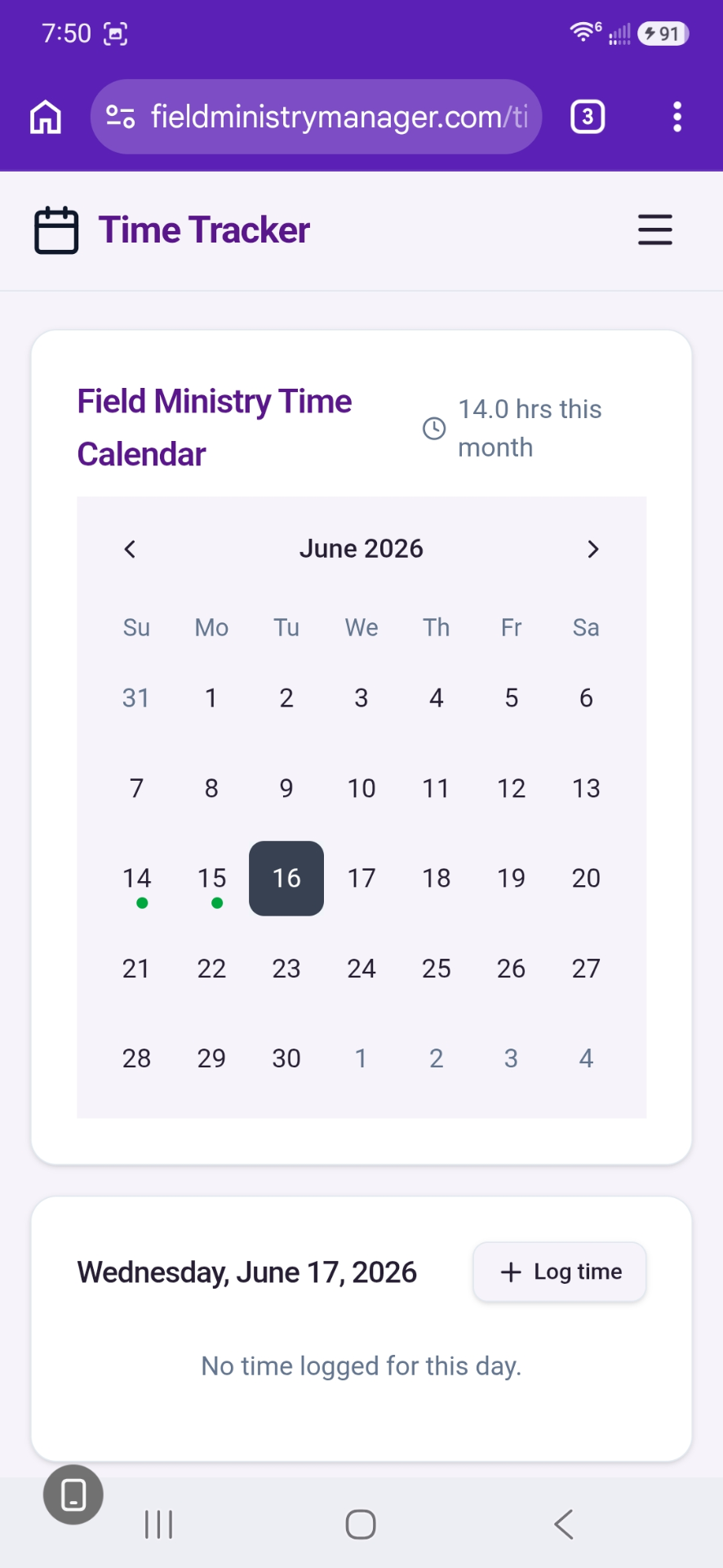 Field Ministry Manager calendar screenshot